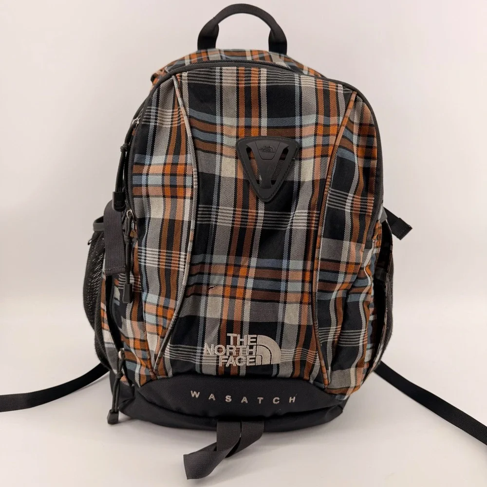 The North Face Backpack Unisex OS Orange Plaid Wasatch Daypack Hiking Bag hole